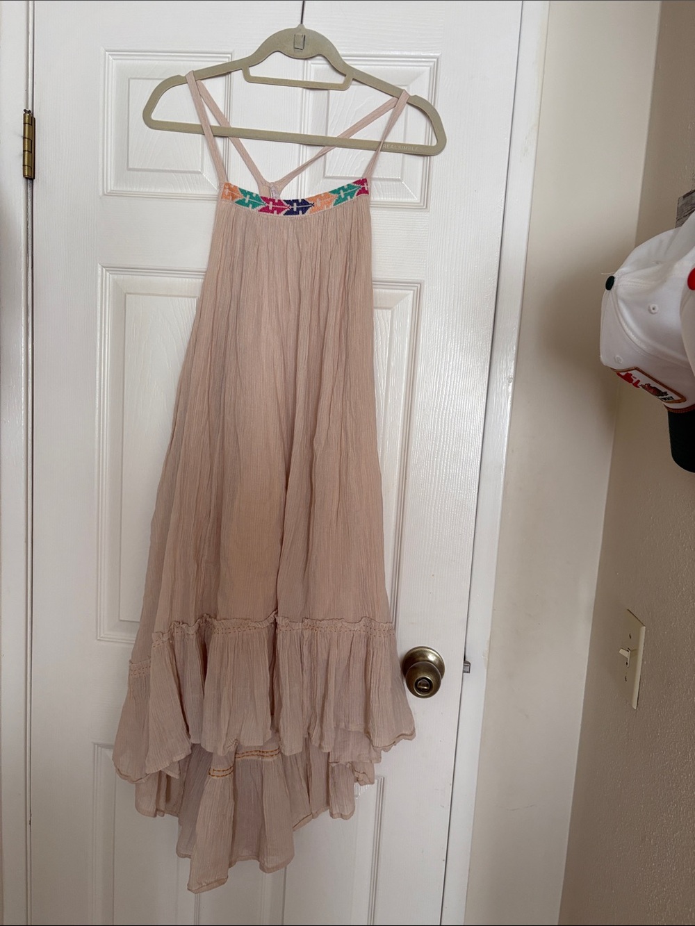 Free People Blush Pink High-Low Tiered Maxi Dress with Embroidered Yoke